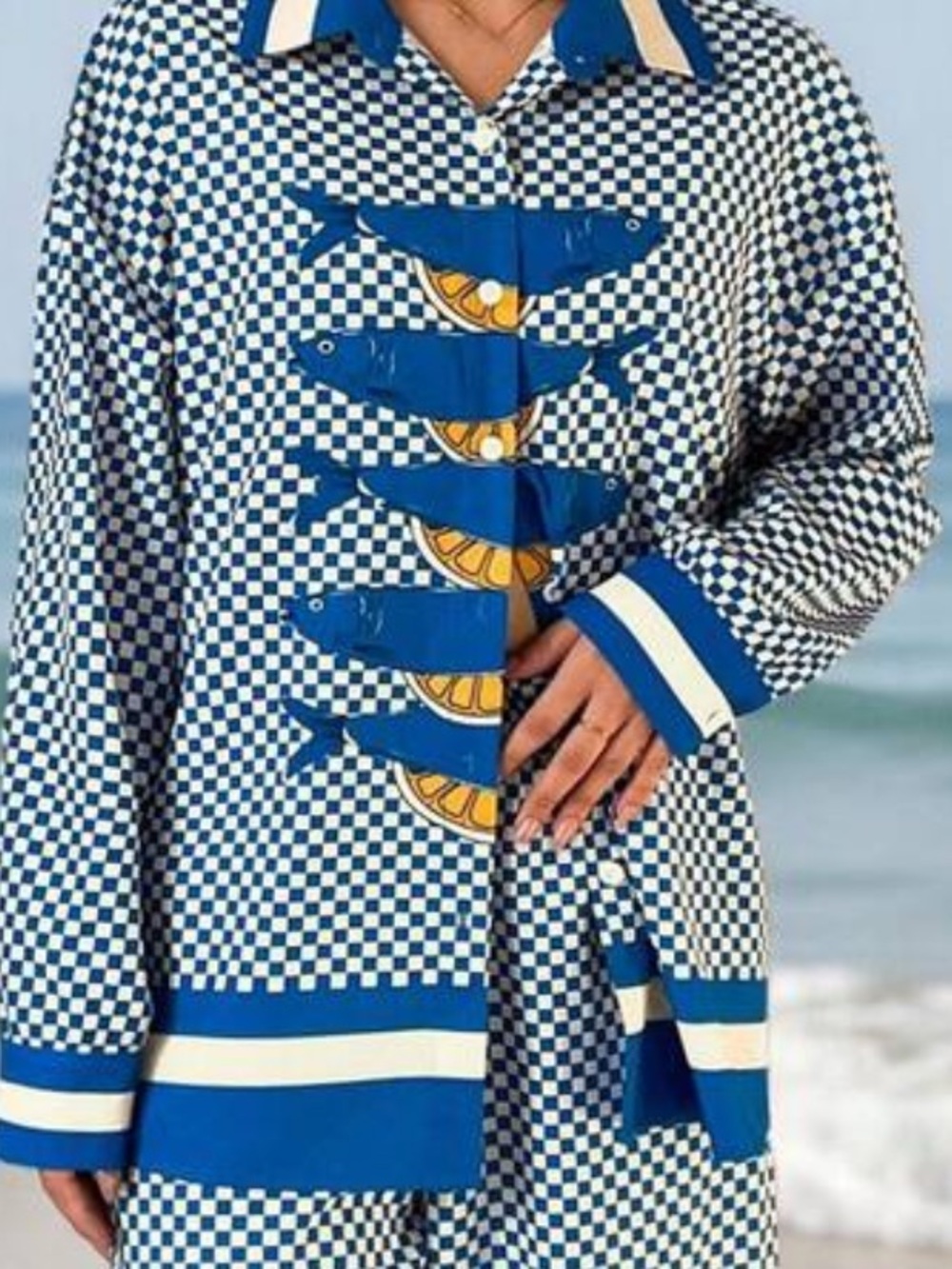 Blue Checkwide Fish-Print Wide Leg Pants - Picture 3 of 3